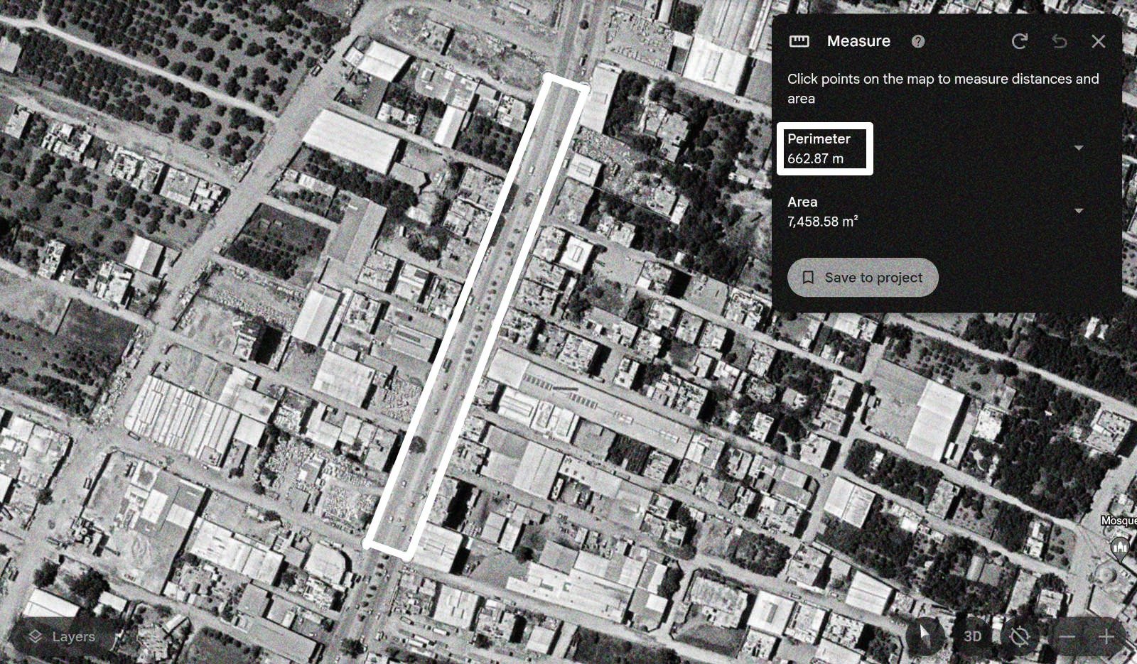 Satellite image marking the locations of documented footage along Salah al-Din Street