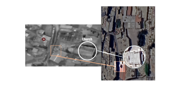 Image comparing the actual impact site with the building the Israeli military claimed to have targeted
