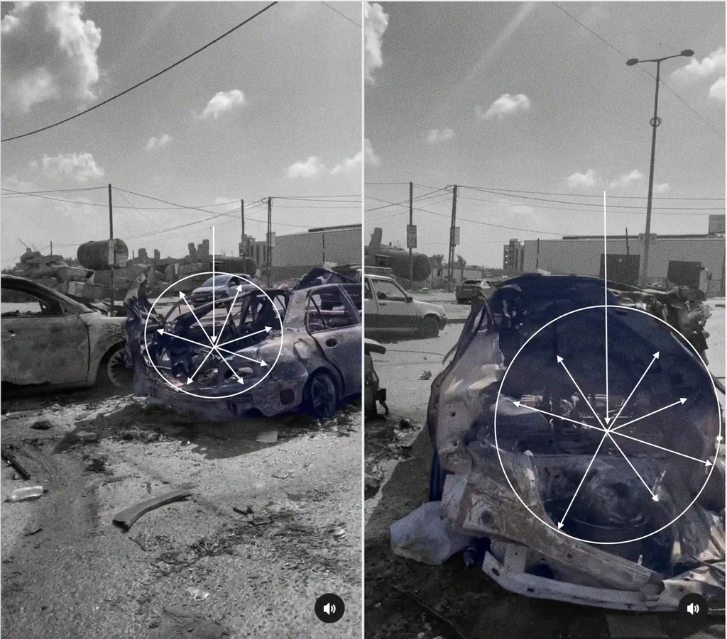 Impact pattern of the munition on the two cars — Al-Zanoun video