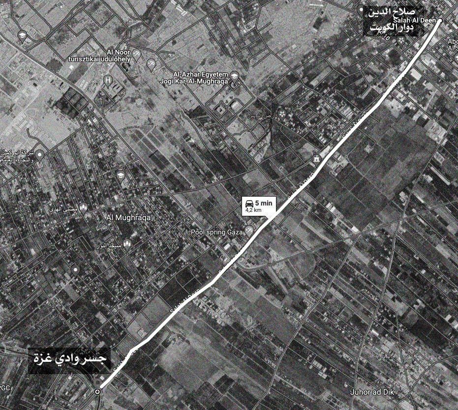 Satellite image showing the distance between the Wadi Gaza bridge and Salah al-Din Street