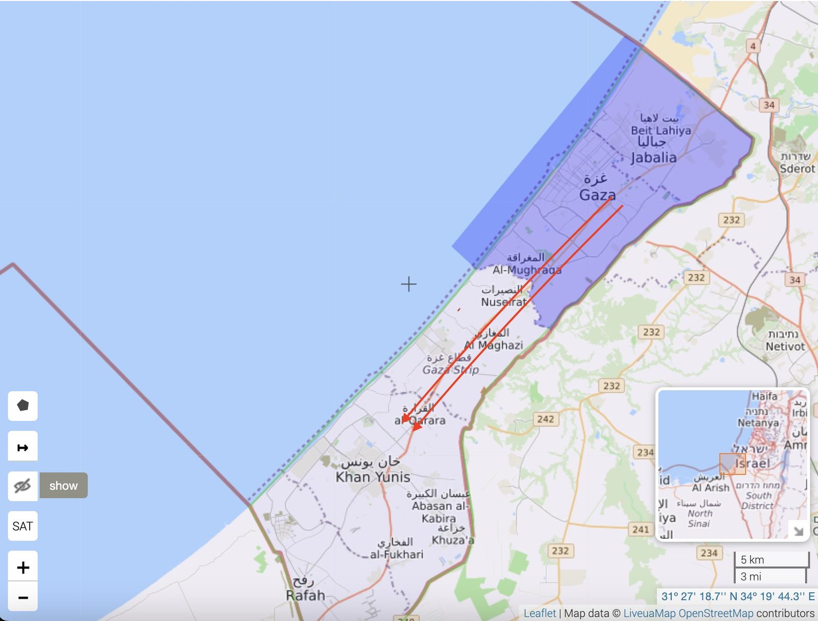 Liveuamap map of the northern Gaza evacuation zone