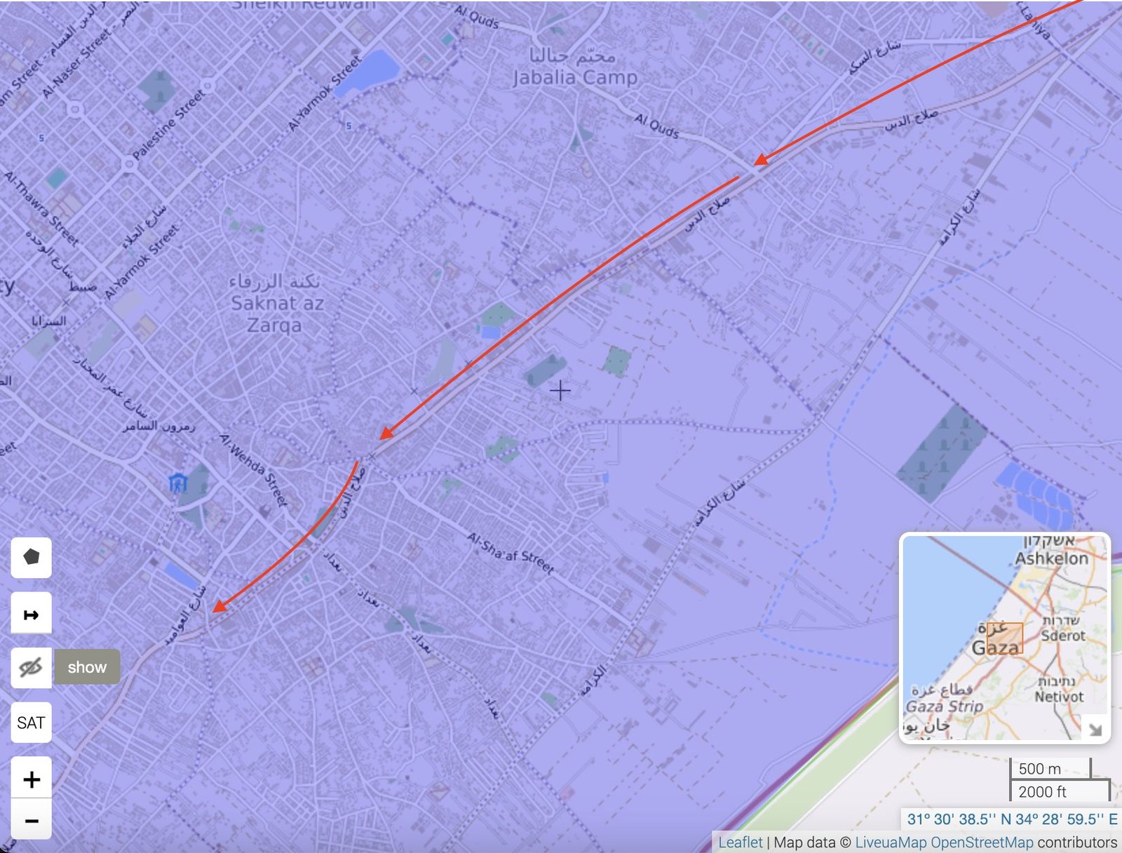 Liveuamap map showing part of Salah al-Din Street