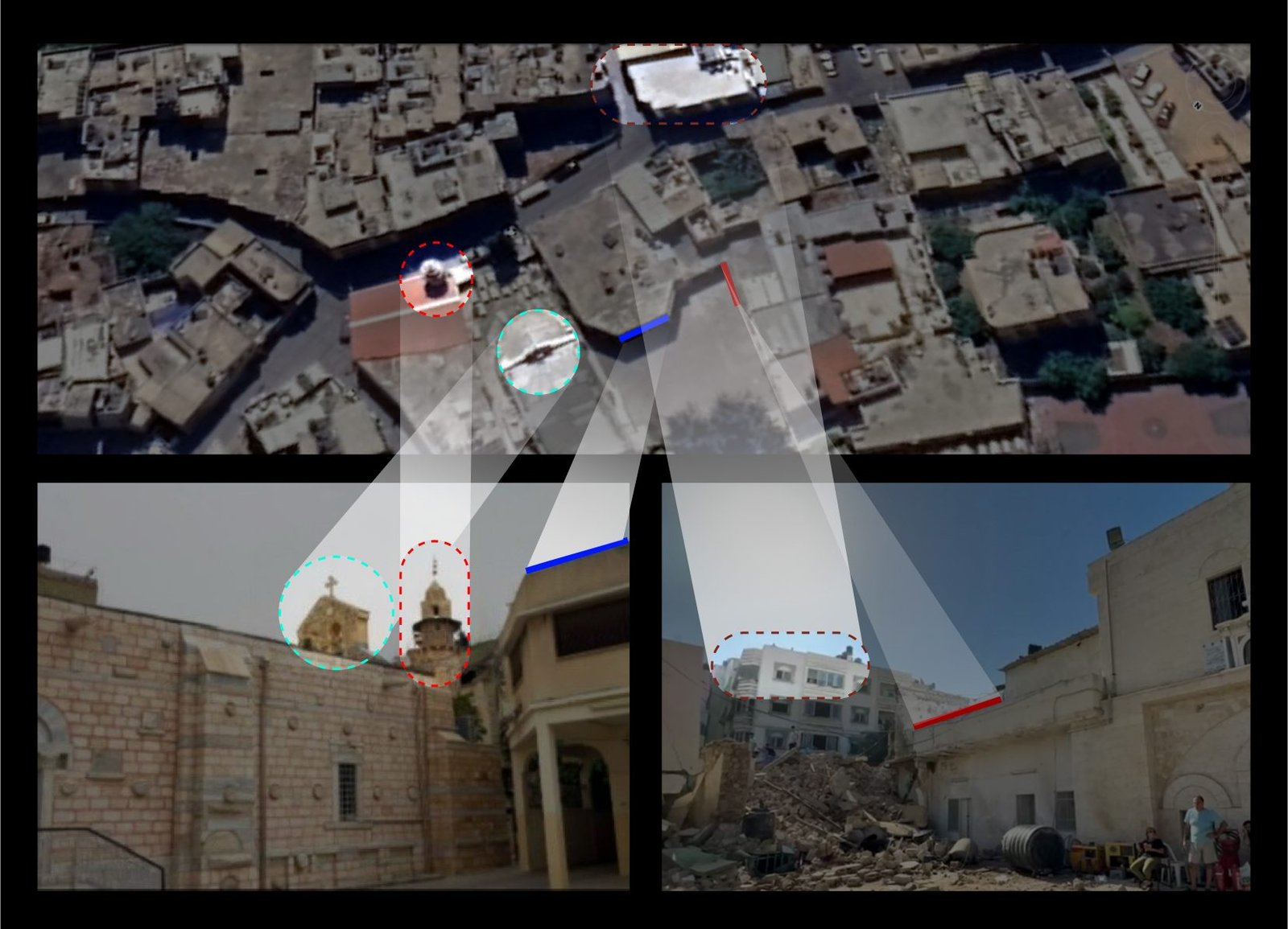 Additional image showing the discrepancy between the actual impact site and the Israeli military's claimed target