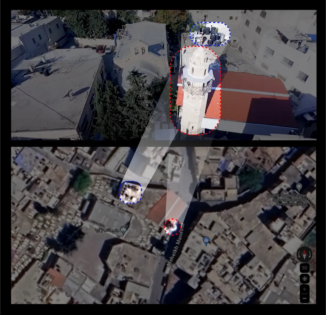 صور أقمار صناعية ولقطات يوتيوب لمسجد كاتب الولاية وكنيسة القديس برفيريوس، بالأزرق مبنى الكنيسة وبالأحمر المسجد