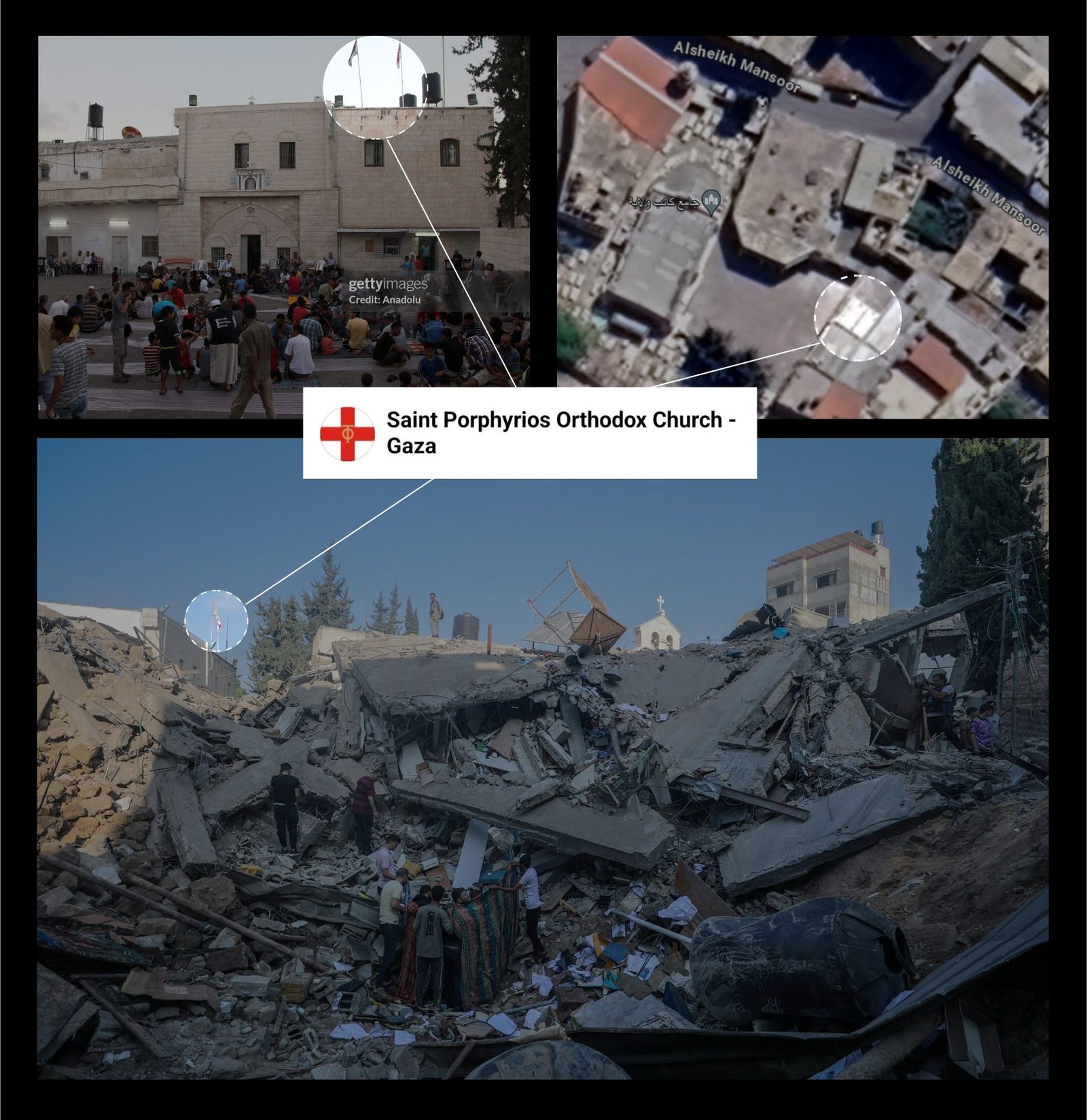 Images showing damaged buildings bearing the flag of the Orthodox Church within the Saint Porphyrius complex
