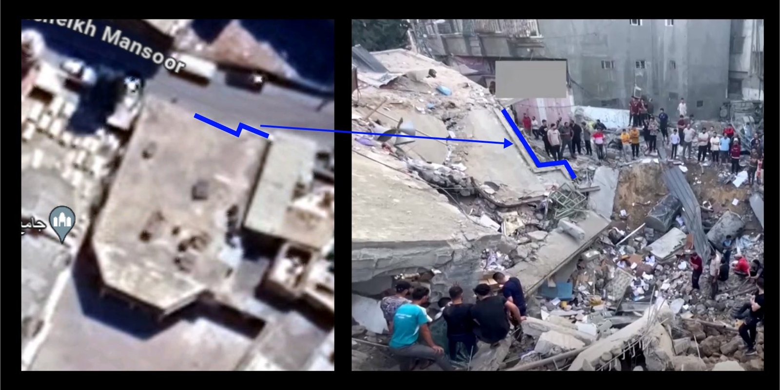 Comparison of ground-level photo and satellite image showing the three pillars of the building impacted by the airstrike