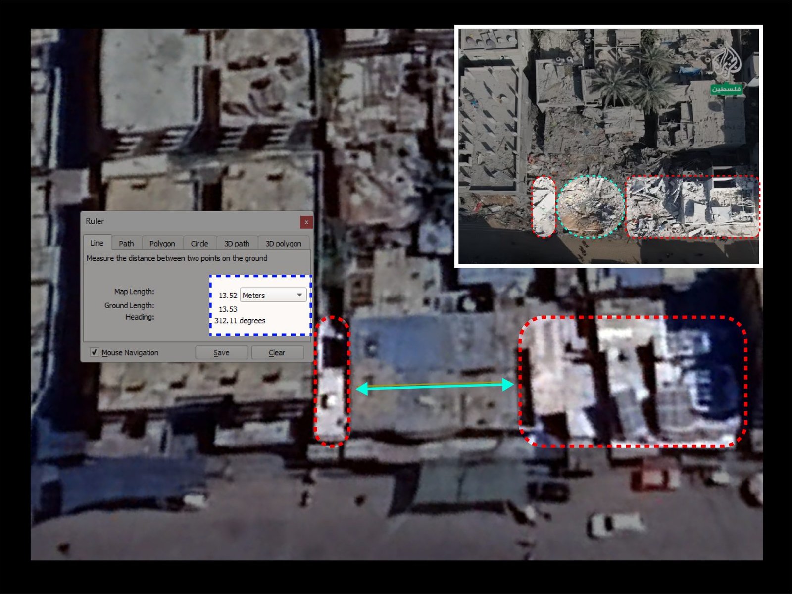 مقارنة لموقع الحفرة باستخدام مسطرة القياس في Google Earth Pro