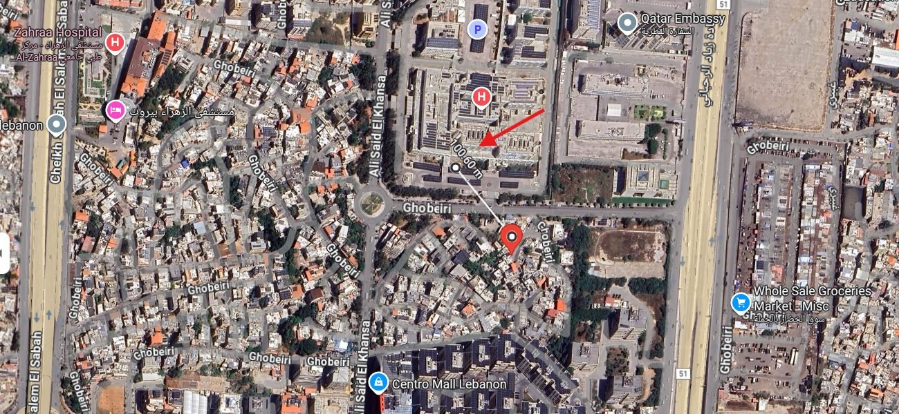 A Google Maps screenshot showing the proximity of the target to the hospital