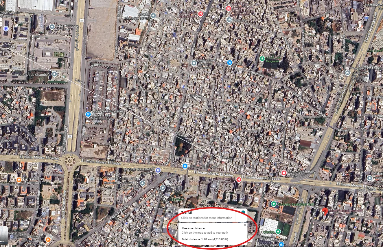 A Google Maps screenshot showing the distance between the targeted site and Sahel Hospital