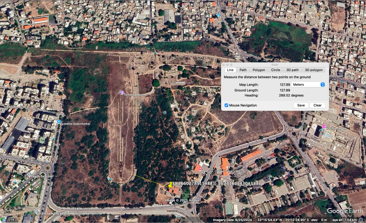 Map measuring distance to Roman Hippodrome