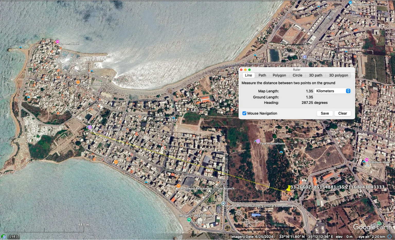 Map measuring distance to Roman City ruins