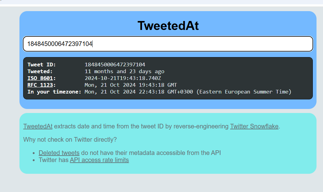 Timestamp analysis of the Masdar Mas’oul post via TweetedAt