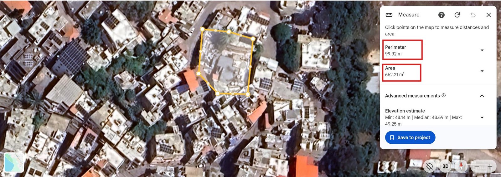 A Google Earth screenshot showing the measured destruction area