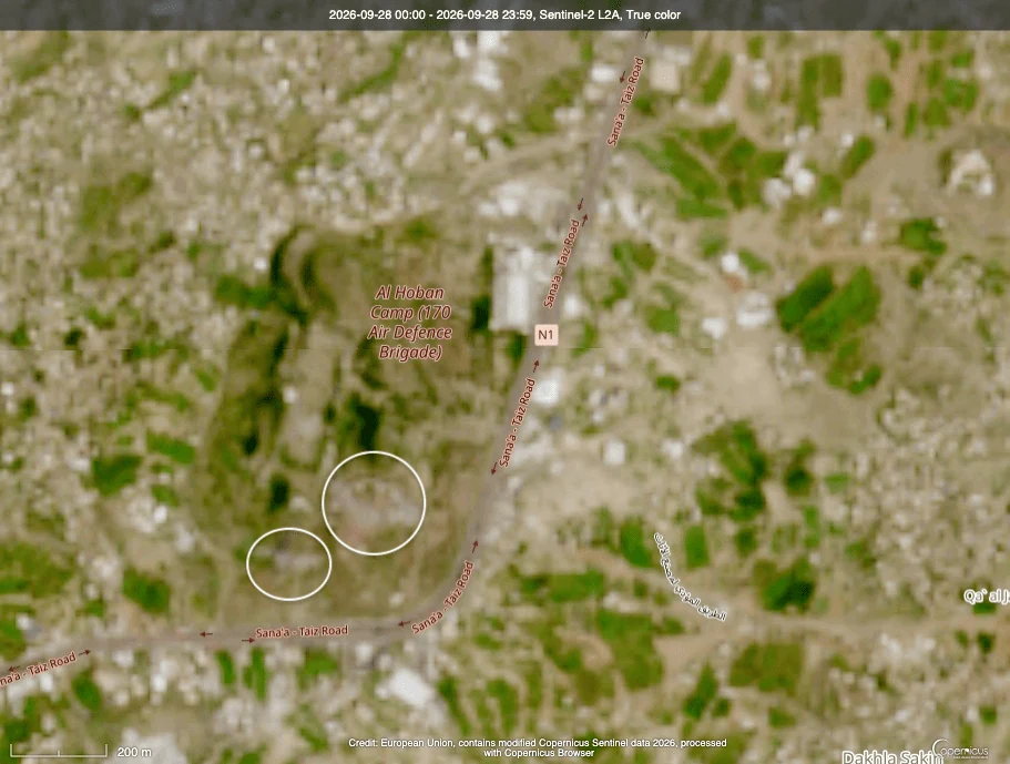 صورة Sentinel-2 لمحيط المعسكر بتاريخ 28 سبتمبر/أيلول 2026