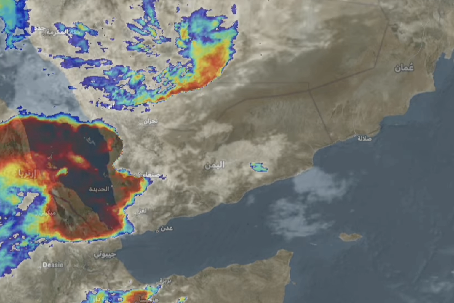 صورة رادار الأقمار الصناعية للمنظومة المطرية فوق اليمن والبحر الأحمر